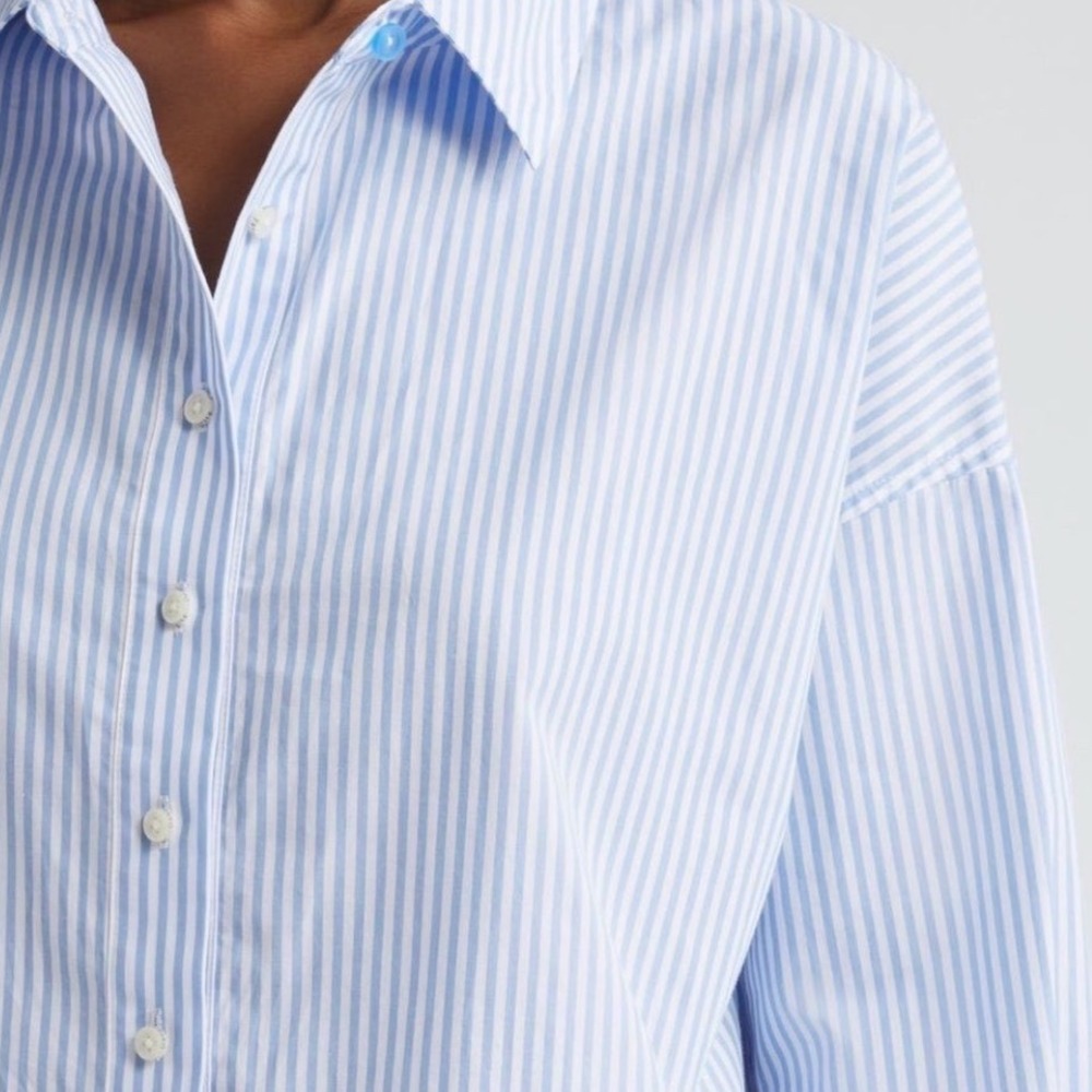 Favorite Daughter The Crop Stripe Cotton Button-Up Shirt Blue M - Picture 14 of 15